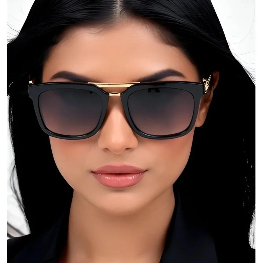 Women Sunglasses Square Gold Metal Top Bar‎ Black Lens Retro Oversized Fashion